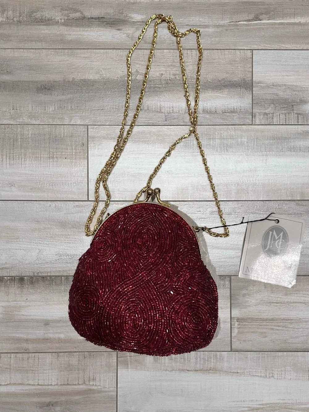 Jessica McClintock Burgundy Beaded Evening Clutch with Gold Chain